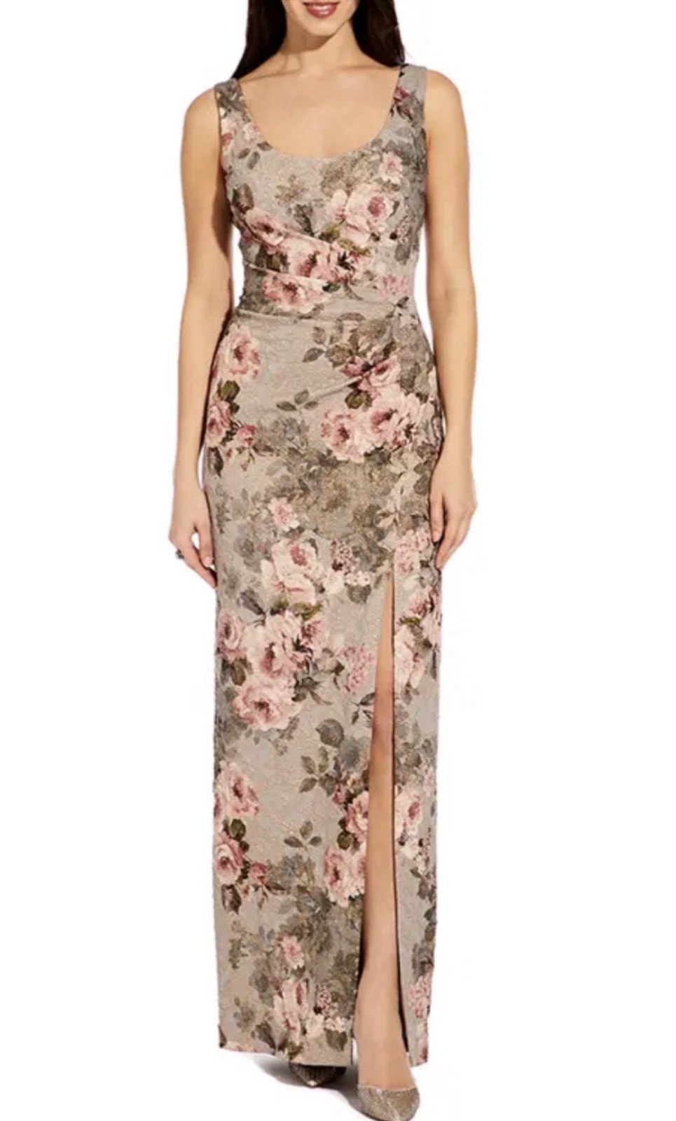Nwt Adrianna Papell Matelasse Formal Column Gown2slate Blush Floral Long Dress